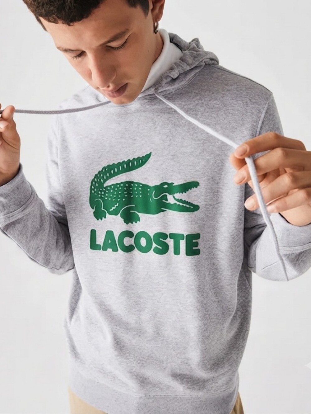 Lacoste Logo Graphic Hoodie Sweatshirt Gray Mens Size L Winter Cozy Loungewear